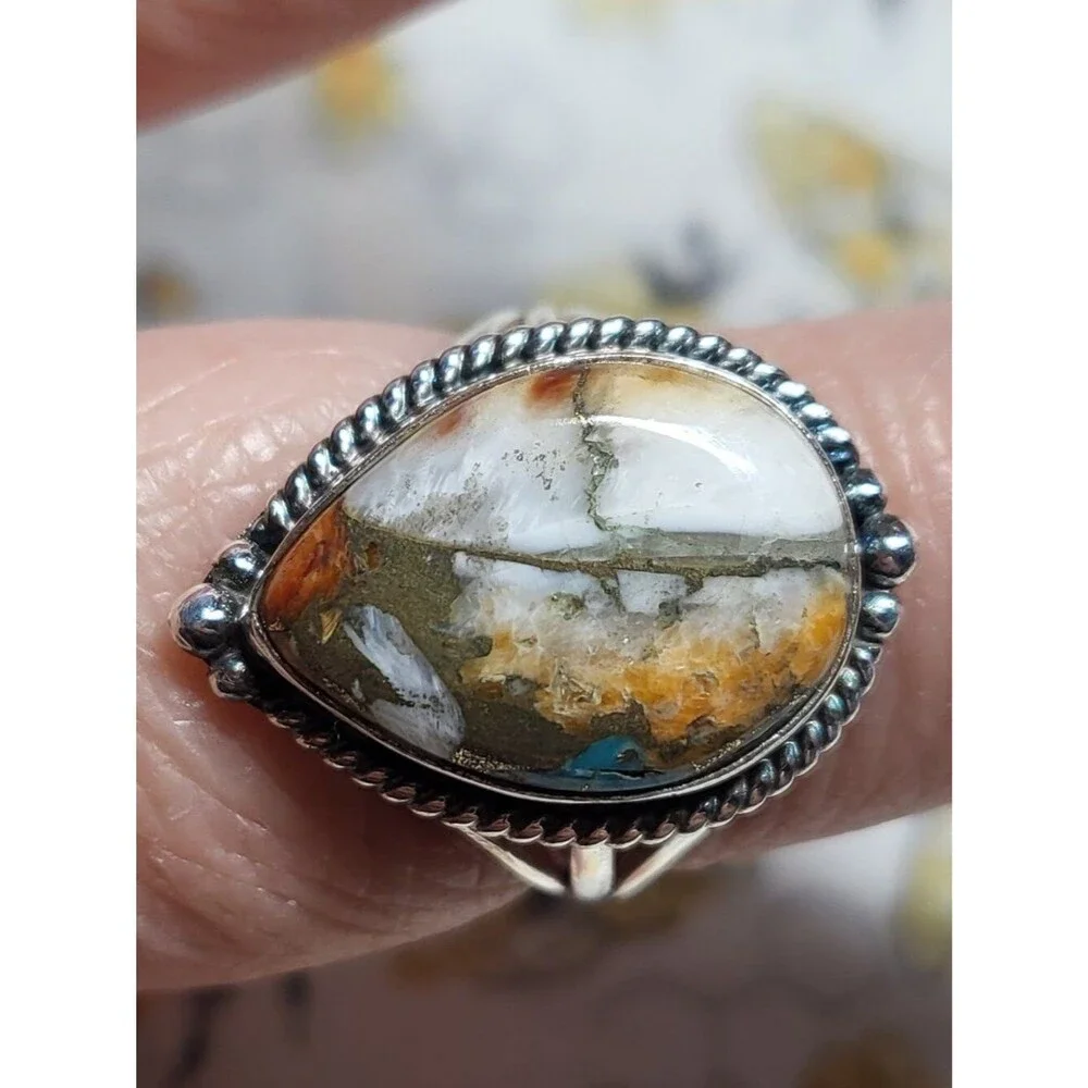Sterling Silver Spiny Oyster Copper Turquoise Teardrop Ring